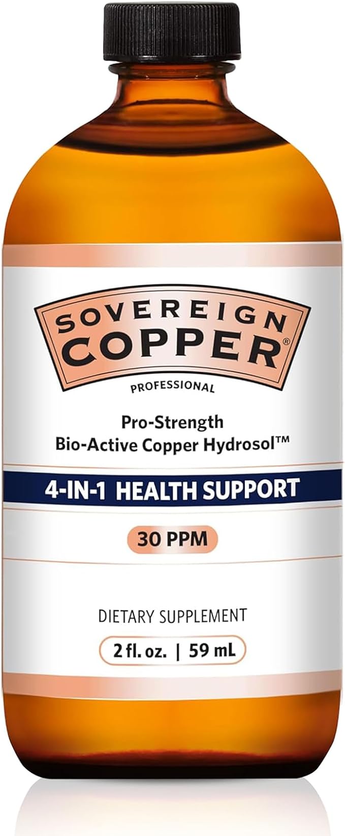 Sovereign Copper Pro-Strength Bio-Active Copper Hydrosol - Bioavailable Liquid Supplement for Adults &amp Kids with Silver Hydrosol for Hair Skin &amp Nails 30ppm - 2 fl oz (59mL)