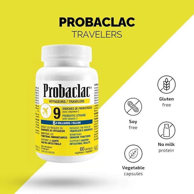 Probaclac Natural Travelers Probiotics Reducing Risk of Diarrhea Contains Vitamin C Immune Support Gluten Free Travel Size Vacation Cruise and Airplane Travel Essentials Vegan 60 Capsules