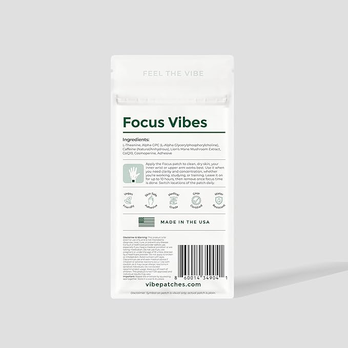 Focus Patch | Wearable Wellness for Focus Support with L-Theanine and Lion’s Mane | Long Lasting Patch for 10 Hours | Vegan &amp Latex Free | 4 Patches Per Pack 3 Pack