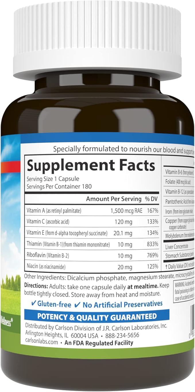 Carlson - Blood Nutrients 28 mg Iron Blood Development Iron Absorption &amp Optimal Wellness 180 Capsules