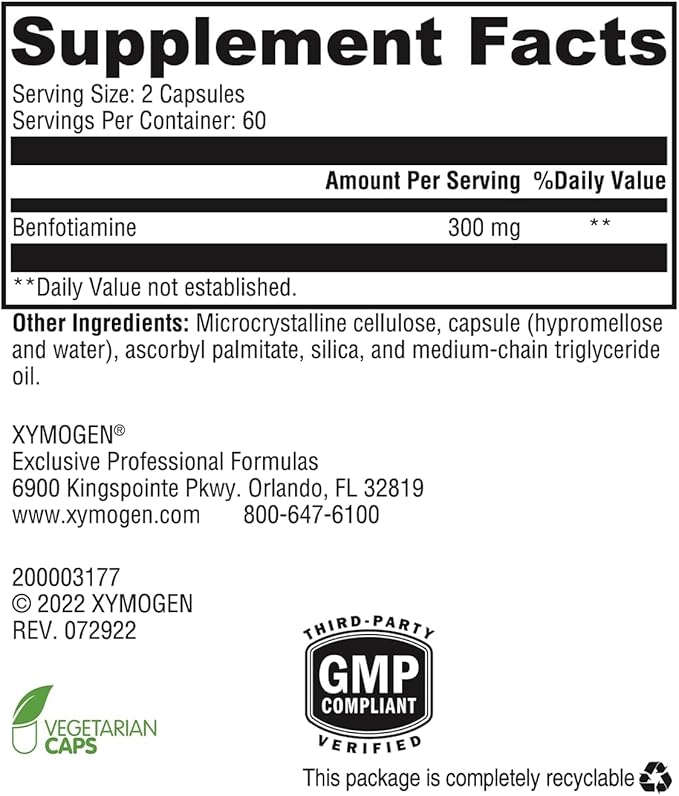 XYMOGEN Benfotiamine 300 mg - Bioavailable Thiamine B1 Derivative for Cellular Metabolic &amp Nerve Support* - Non-GMO Gluten-Free Vegan - 120 Capsules