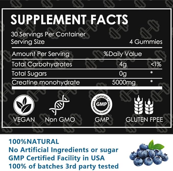 Creatine Monohydrate Gummies 5g for Men &amp Women 120 Count Blueberry Chewables Creatine Monohydrate for Muscle Strength Muscle Builder Energy Boost Pre-Workout Supplement