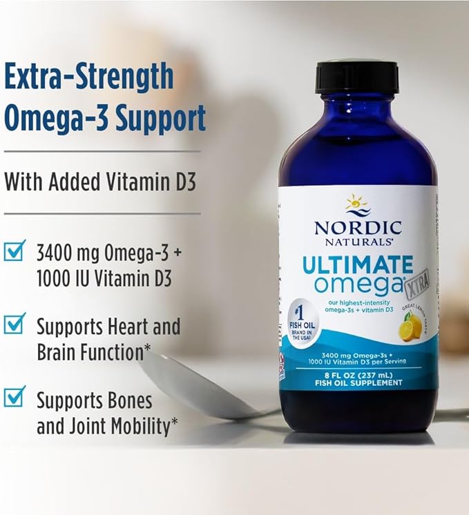 Nordic Naturals Ultimate Omega Xtra Liquid Lemon Flavor - 8 oz - 3400 mg Omega-3 + 1000 IU Vitamin D3 - EPA &amp DHA - Brain Heart Joint &amp Immune Health - Non-GMO - 48 Servings