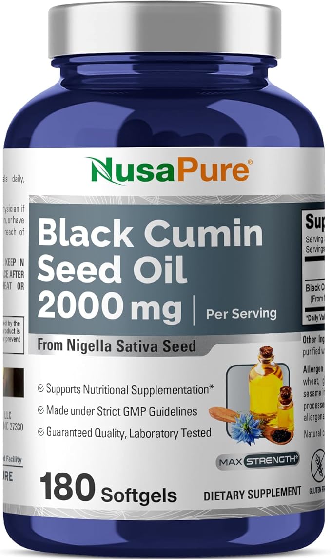 NusaPure Black Seed Oil 2000mg per Serving - 180 Softgel Caps (Non-GMO Gluten-Free) Cold-Pressed Nigella Sativa