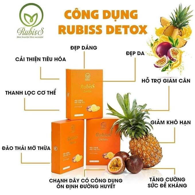 RUBISS Detox Nuoc Ep Chanh Day Dua - Fruits Juice Detox- Passionfruit Pineapple - 12packs x 20ml / 1 Boxes