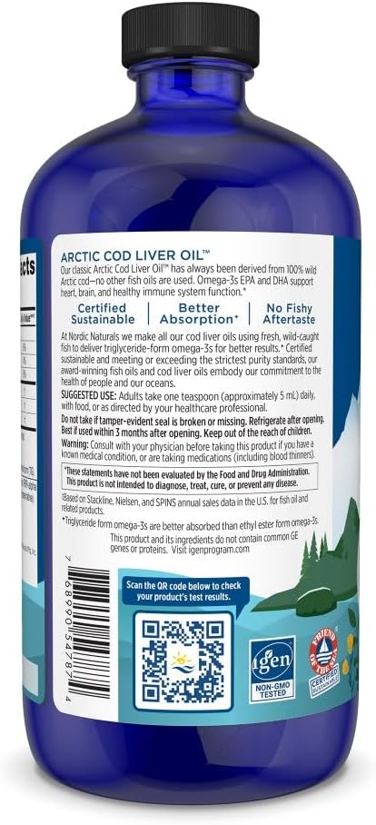 Nordic Naturals Arctic Cod Liver Oil Orange - 16 oz - 1060 mg Total Omega-3s with EPA &amp DHA - Heart &amp Brain Health Healthy Immunity Overall Wellness - Non-GMO - 96 Servings