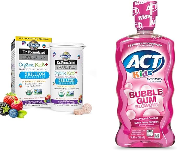 Garden of Life Dr. Formulated Probiotics Organic Kids+ Plus Vitamin C &amp D Berry Cherry Chewables 30 Count &amp ACT Kids Anticavity Fluoride Rinse Bubble Gum Blowout 16.9 fl oz