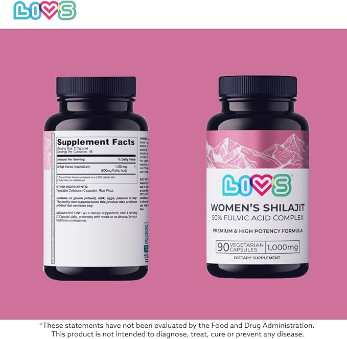 LIVS Women’s Shilajit Capsules – Himalayan Shilajit Extract with 50% Fulvic Acid – 1000mg per Serving – Organic Shilajit Supplement for Women – 180 Capsules