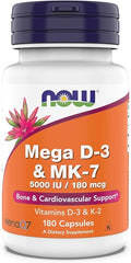 Now Supplements Mega D-3 &amp MK-7 5000 IU / 180 mcg Bone &amp Cardiovascular Support* Vitamins K-3 &amp K-2 180 Capsules