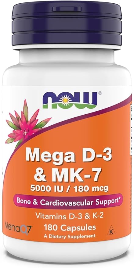 Now Supplements Mega D-3 &amp MK-7 5000 IU / 180 mcg Bone &amp Cardiovascular Support* Vitamins K-3 &amp K-2 180 Capsules