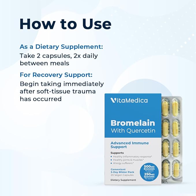 VitaMedica Bromelain &amp Quercetin Supplement - 500mg Bromelain 250mg Quercetin - 2400 GDU for Immunity Joint Support Inflammation and Muscle Recovery - 20 Vegan Capsules - 5 Day Supply