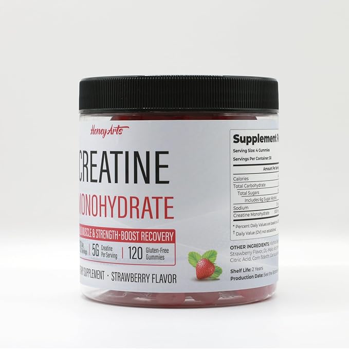 HoneyArts Creatine Monohydrate Gummies - 5000mg Creatine Natural Strawberry Flavor 120 Count - Vegan Sugar-Free Boosts Performance &amp Recovery
