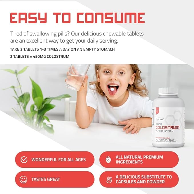 Bovine Colostrum Powder Grass Fed Gut Health Bloating Immunity Skin &amp Hair 400+ Bioactive Nutrients Potent Bioavailable - Strawberries &amp Cream - 180 Tablets (90 Servings)