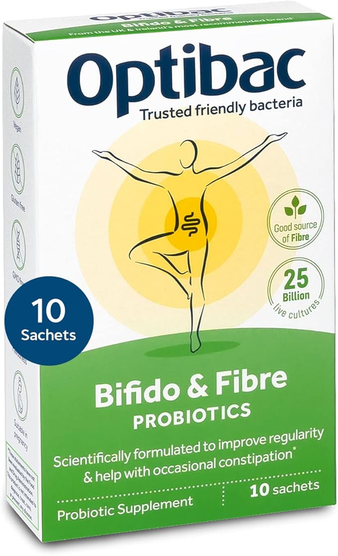 Optibac Probiotics Bifido &amp Fibre - Vegan Probiotics for Digestive Health &amp Occasional Constipation 25 Billion CFU &amp Prebiotic - 10 Sachets