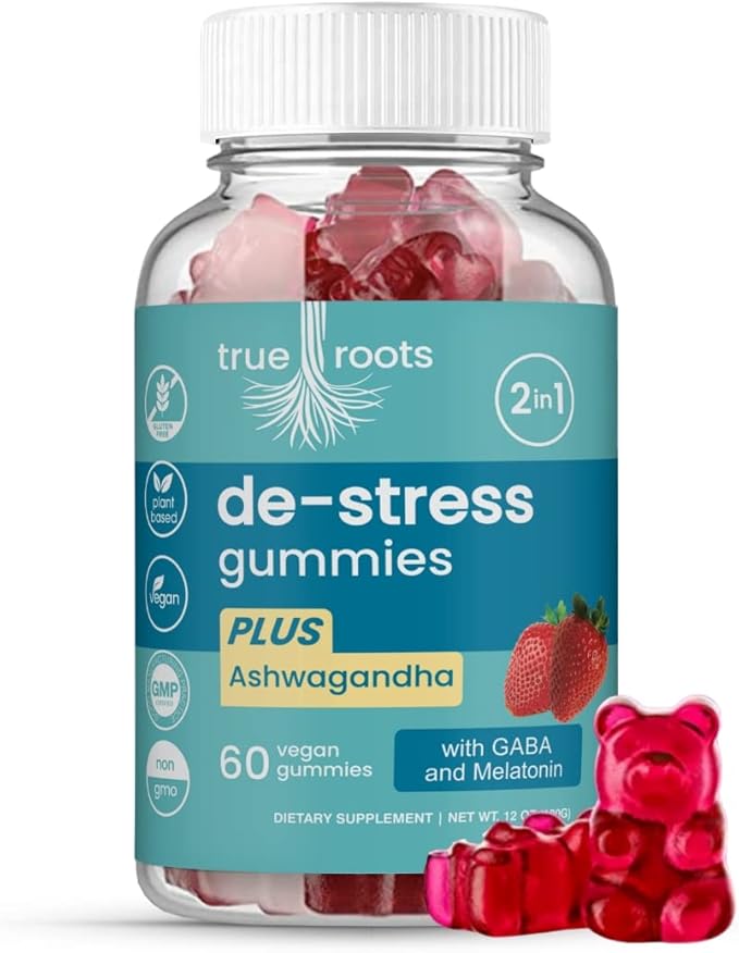 Stress Gummies Same Day Stress Relief | Destress and Calm | Ashwagandha GABA Melatonin l-Theanine Lemon Balm | Sugar Free Vegan 60 ct