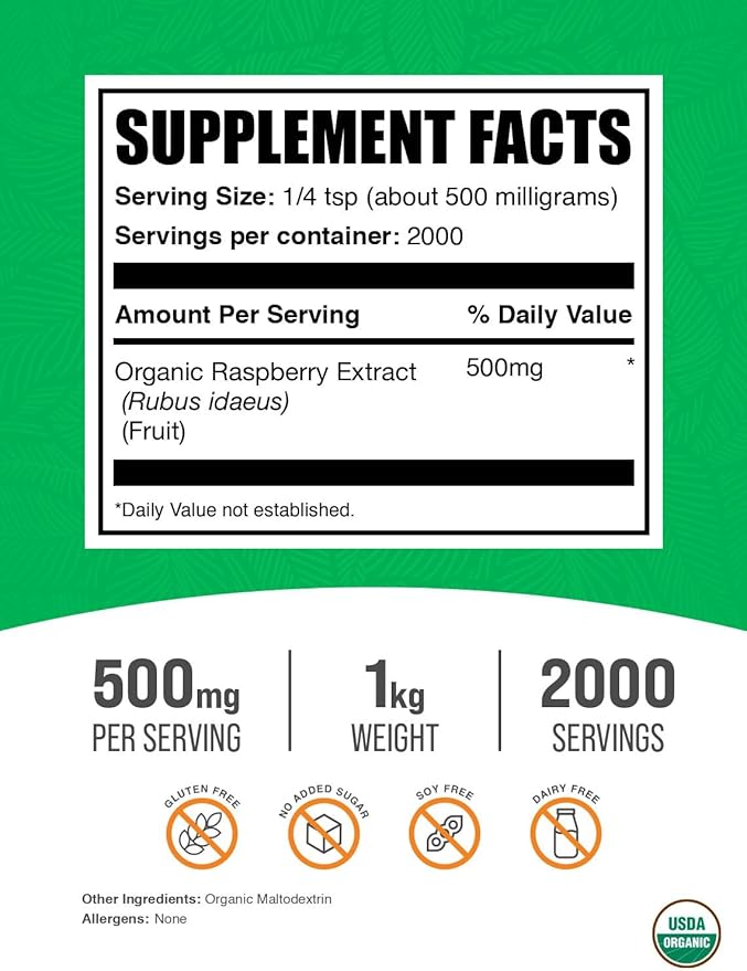 BulkSupplements.com Organic Raspberry Extract Powder - from Raspberry Fruit Antioxidant Source Herbal Supplement - Gluten Free 1kg (2.2 lbs) (Pack of 1)