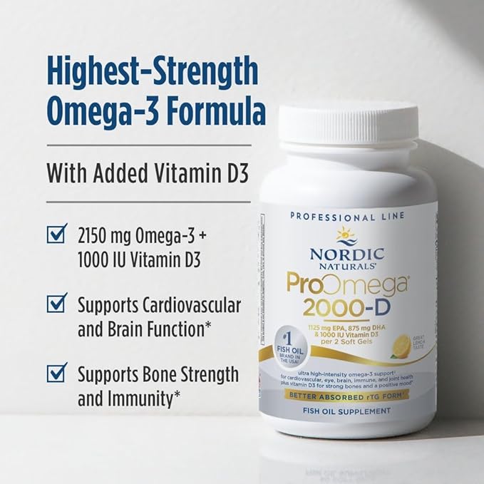 Nordic Naturals ProOmega 2000-D Lemon Flavor - 90 Soft Gels - 2150 mg Omega-3 + 1000 IU D3 - Ultra High-Potency Fish Oil - EPA &amp DHA - Brain Heart &amp Immune Health - Non-GMO - 45 Servings