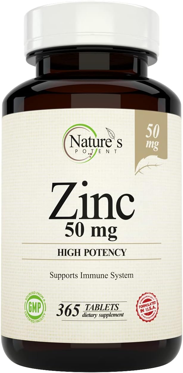 Nature's Potent Zinc 50 mg Immune Support Supplement - High Potency for Maximum Immune &amp Antioxidant Health - Made in USA from Natural Zinc Oxide - 365 Tablets (1 Year Supply)