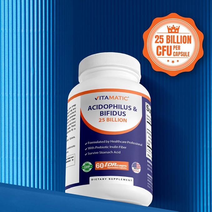 Vitamatic Acidophilus Bifidus 25 Billion DR Capsule - 60 Count - Digestive Support - Made with Prebiotic Inulin Fiber - 2 Pack (120 Count)