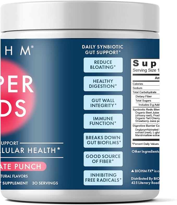 BIOHM Super Reds Beet Root Powder Antioxidant Smoothie Mix with Tart Cherry Extract and 19 Red Whole Foods Packed with Prebiotics and Probiotics Non-GMO Red Berry Flavor 30 Servings