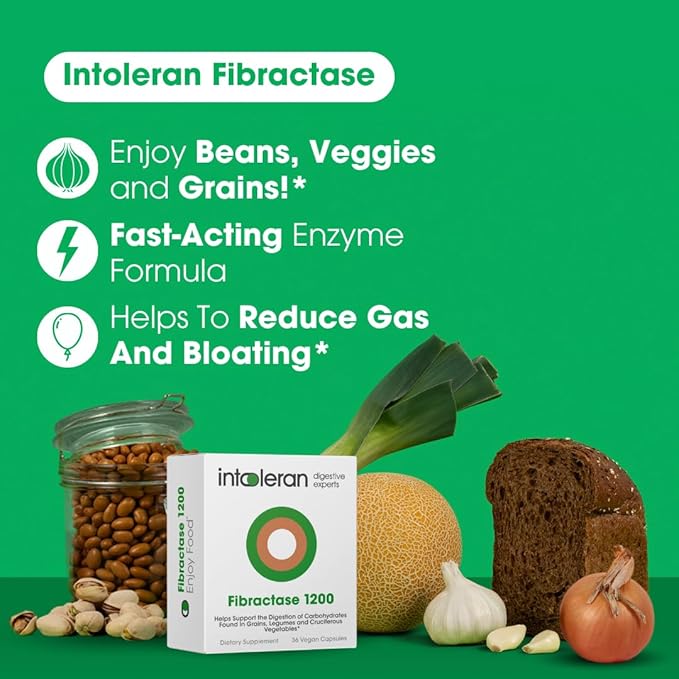Intoleran Fibractase 1200 Digestive Enzymes - 36 Capsules | Supplement for Fructans &amp Galactans Intolerance | Helps Digest Carbohydrates Grains Legumes Onion Garlic &amp wheats | Pure and Veg