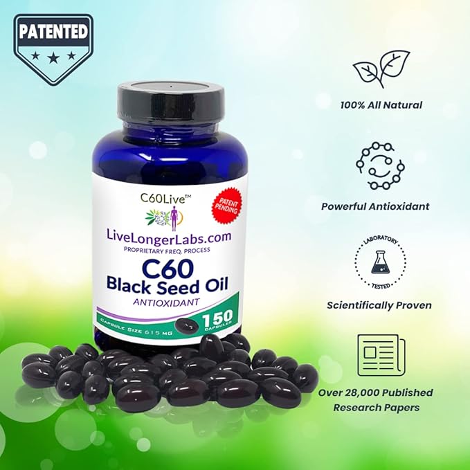 Carbon 60 (Fullerene) with Black Seed Oil - Antioxidant Supplement- All Natural Ingredients - 150 Gel Capsules