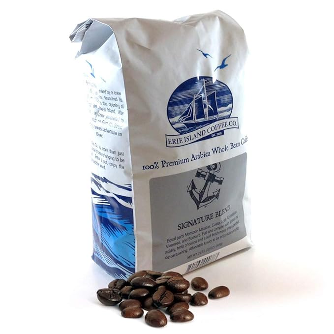 Erie Island Coffee Whole Bean Signature Blend Medium Roast 2 LB. Bag Flavorful Blend of Monsoon Malabar Costa Rican Columbian Viennese and Sumatra