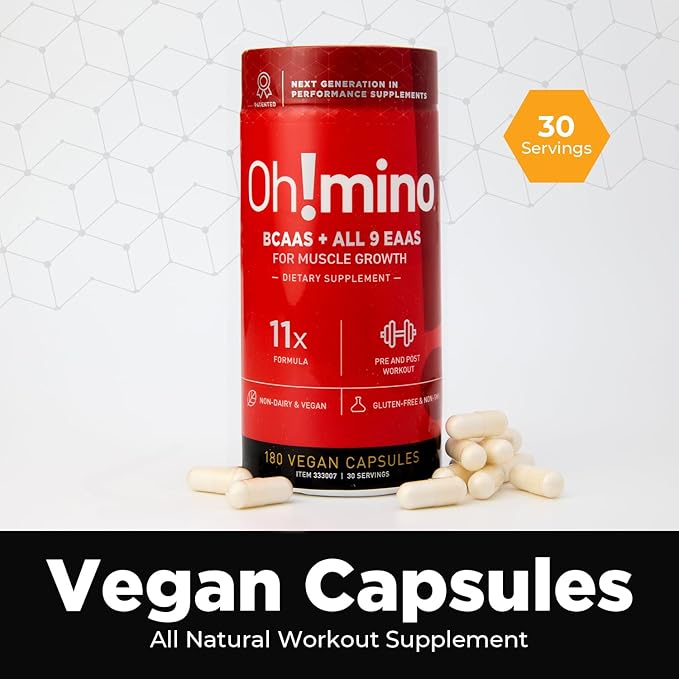 Oh!mino Essential Amino Acids Supplement Caffeinated Capsules All 9 EAAs BCAAs The Perfect Amino for Workouts Amino Energy and to Build Muscle and Recover Faster