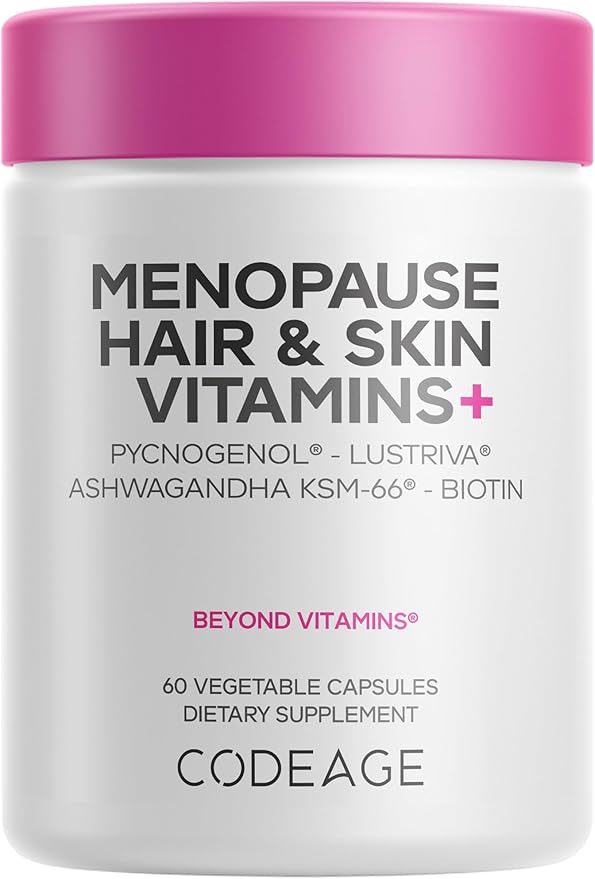 Codeage Menopause Hair &amp Skin Vitamins+ - Patented Lustriva Pycnogenol KSM-66 Ashwagandha - Hair Density Skin Perimenopause Support - Menopause Supplement - 10000 Mcg Biotin Wild Yam - 60 Caps