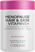 Codeage Menopause Hair &amp Skin Vitamins+ - Patented Lustriva Pycnogenol KSM-66 Ashwagandha - Hair Density Skin Perimenopause Support - Menopause Supplement - 10000 Mcg Biotin Wild Yam - 60 Caps