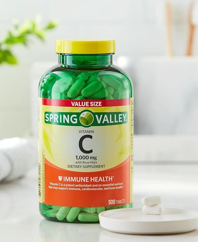 Spring Valley Vitamin C 1000mg with Rose HIPS Tablets Dietary Supplement 500 Count Antioxidant Protection* (Pack of 1) + Vsl Sticker