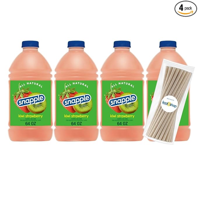 Snapple Kiwi Strawberry All Natural Fruit Juice 64 fl oz Plastic Bottle 4 Pack + 15 Sugarcane Disposable Straws by KOOL8SHOP Infinite Deals