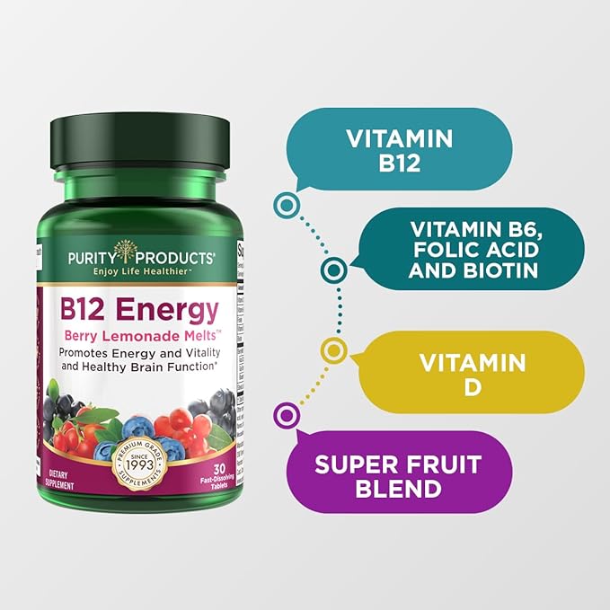 Purity Products Bundle - Vegan Omega 3-6-9 (180 ct) + B-12 Energy Melt Omega 3-6-9 (“5 in 1” Plant-Based Omega 3 6 9 Essential Fatty Acids) - B12 Berry Melt (Methylcobalamin B12 + B6 + D3 + More)