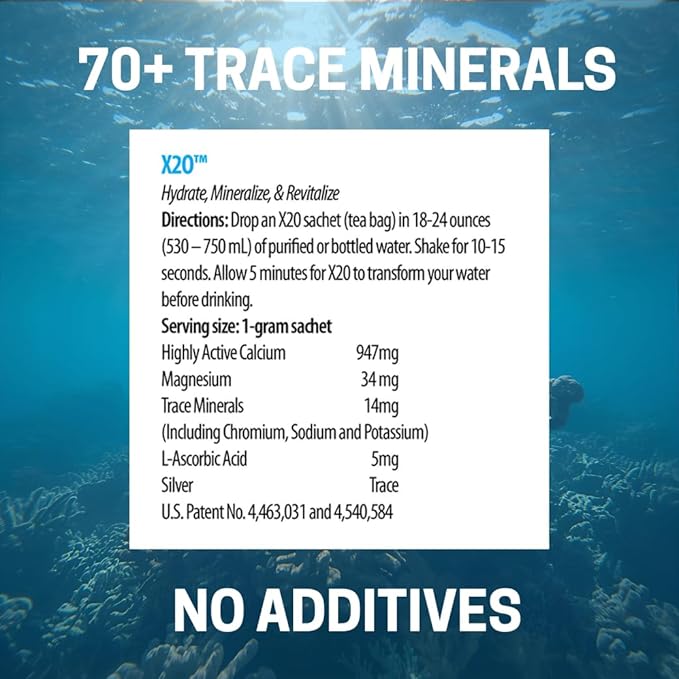 X2O Flavorless Drop-In Mineral Bags for Alkaline &amp Hydrogen Water – 30 Count | Alkalize Filtered Water | Add 70+ Ionic Trace Minerals for Cellular Hydration Balanced pH and Electrolytes