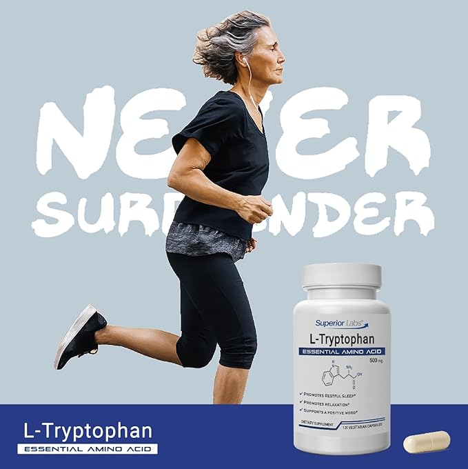 Superior Labs L-Tryptophan 500 mg Capsules Pure Non-GMO Amino Acid High Absorption Supports Sleep and Mood Helps with Occasional Stress PMS Support 120 Veg Caps