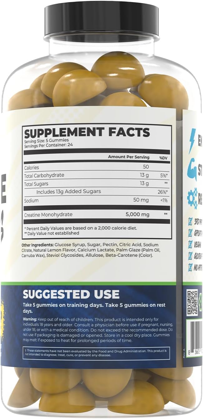 Train Naked Labs Creatine Gummies | Gummy Creatine Chewables for Men &amp Women | 5g per Serving | Gluten Free &amp Vegan | 120 Gummies 24 Servings (Lemon Drop)