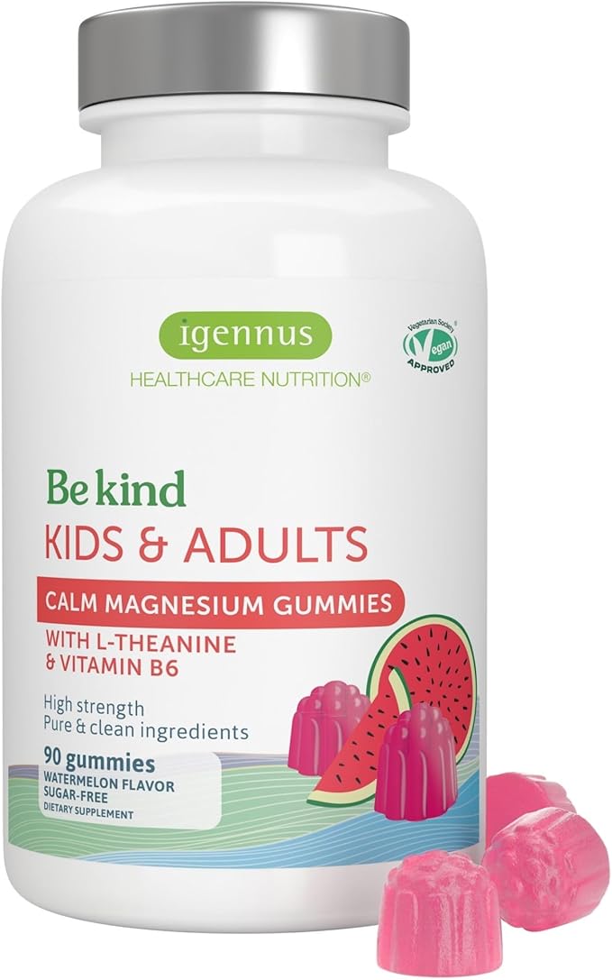 Igennus High Potency Calm Magnesium Gummies 60mg L-Theanine 100mg &amp Vitamin B6 3mg Daily Stress Support for Kids &amp Adults Clean Ingredients &amp Vegan Sugar-Free Watermelon Flavor 45-90