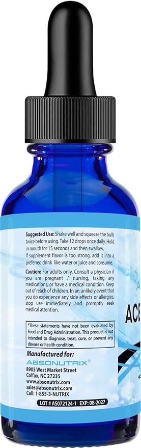 Absonutrix Acetyl L-Carnitine 593mg per Serving 200 Potent Servings Quick Absorption Liquid Drops Gluten-Free Third-Party Tested GMP-Certified Non-GMO Made in USA