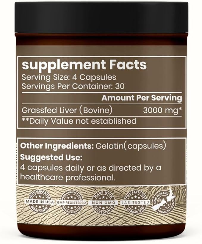 Grassfed Beef Liver Supplement - Supports Muscle Recovery &amp Energy - 3000mg Desiccated Organic Grassfed Capsules - 100% Pasture-Raised New Zealand Bovine Liver - Non-GMO &amp Gluten-Free - 120 Ca