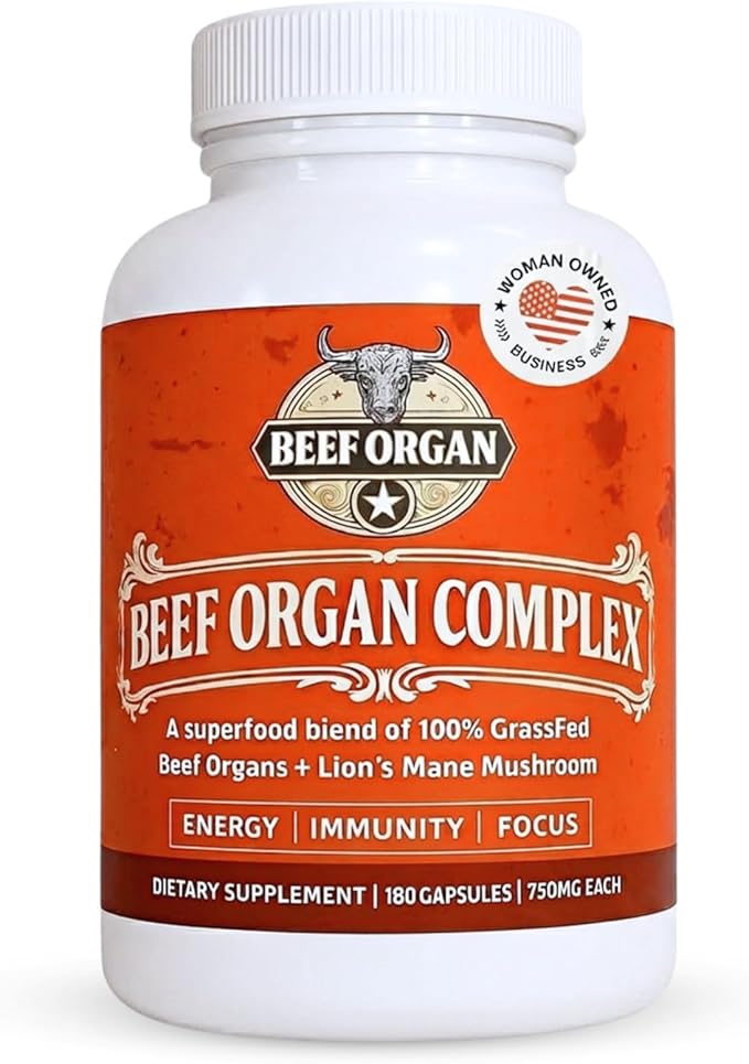 Grass Fed Beef Organ Supplement - Supports Immunity &amp Vitality - Beef Organ Complex for Men &amp Women - Superfood Blend with Lions Mane &amp Cinnamon - Pasture Raised - 180 Capsules