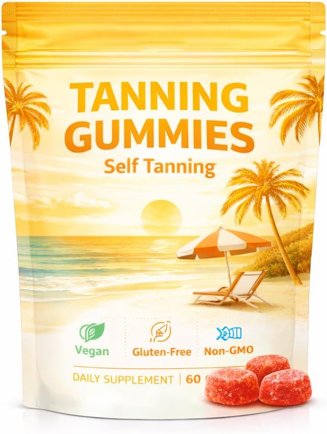 Tanning Gummies with Vitamin C &amp E Astaxanthin Beta Carotene for Natural Looking Glow Bronzing Non-GMO Vegan &amp Sugar Free - 60 Count (Mango)