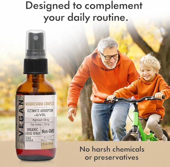 Tri Magnesium Complex - Magnesium Biglycinate Citrate &amp Taurate Liquid Spray 300mg w/Raw Vitamin C for Body Decompression - Hibiscus &amp Pineapple Flavor 2 Fl Oz (60 ml) - 60 Day Supply