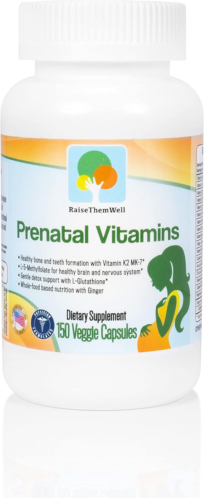 Raise Them Well Prenatal Multivitamin with Methylfolate K2 MK-7 Glutathione &amp Iron Physician Developed Non-GMO Supports Healthy Pregnancy Brain &amp Bone Development 150 Veggie Capsules