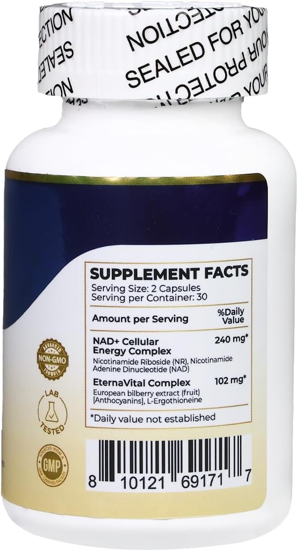 NAD+ Cellular Renewal Anti-Aging 4 in 1 Complex Supplement with L-ErgothioneineNicotinamide Riboside (NR) &amp NAD+ European Bilberry Antioxidant Support for Energy &amp Aging 60 Capsules