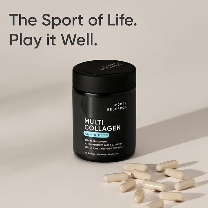 Sports Research® Multi Collagen Pills for Women &amp Men - Collagen Peptides (Type I II III V X) Enhanced with Hyaluronic Acid &amp Vitamin C - Gluten Free ­· Non-GMO - 90 Capsules