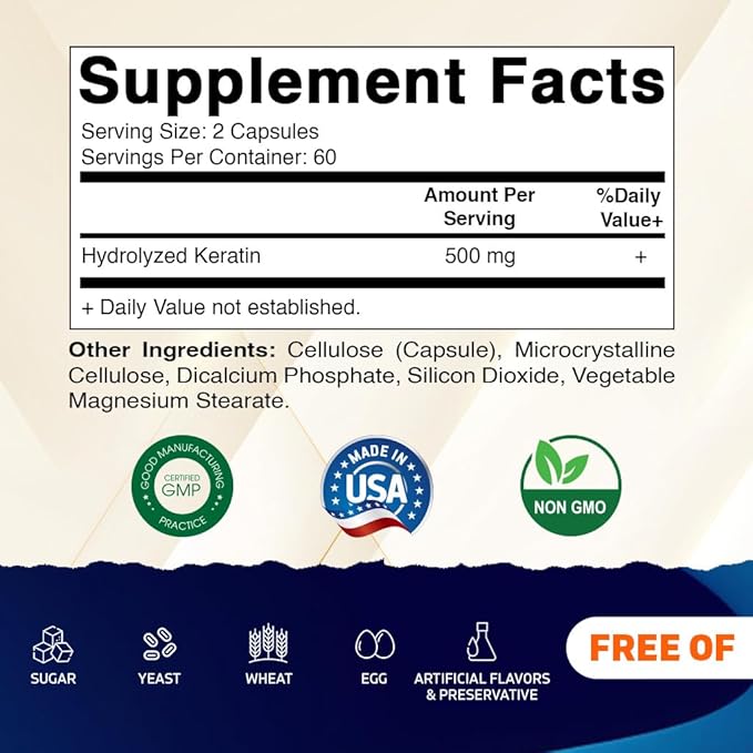 Vitamatic Hydrolyzed Keratin 500mg per Serving - 120 Vegetarian Capsules - Keratin Supplements for Healthy Hair Skin &amp Nails for Adults-2 Pack
