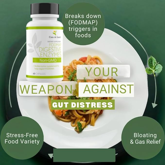 Casa de Sante FODMAP Digestive Enzymes No High Inulin Keto Carnivore Intolerance Support 18 Multi Enzyme Amylase Bromelain Lipase Lactase Protease Papain Alpha galactosidase More - No GMO