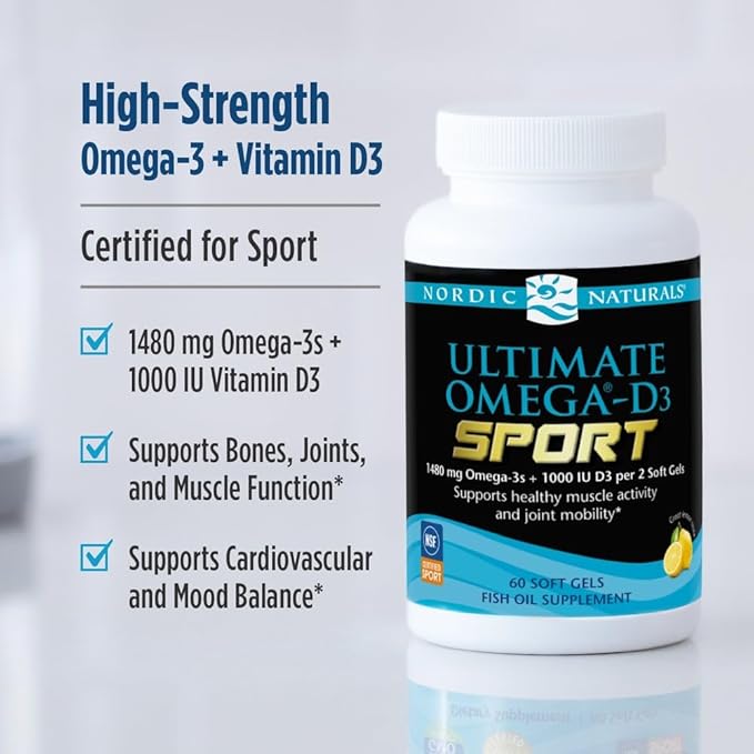 Nordic Naturals Ultimate Omega-D3 Sport Lemon - 60 Soft Gels - 1480 mg Omega-3 + 1000 IU Vitamin D3 - NSF Certified - Supports Muscle Bones Focus &amp Endurance - 30 Servings