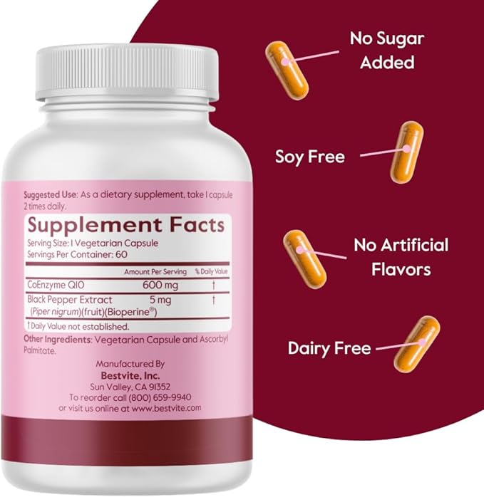 BESTVITE Coenzyme CoQ10 600mg per Capsule with Bioperine (60 Vegetarian Capsules) Naturally Fermented - No Titanium Dioxide - No Fillers - No Stearates - Vegan - Gluten Free - Non GMO