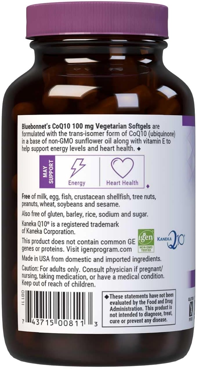 Bluebonnet Nutrition CoQ10 100 mg Energy Production* Heart Health* Non-GMO Gluten-Free Soy-Free Vegetarian Friendly 120 Vegetarian Softgels 120 Servings